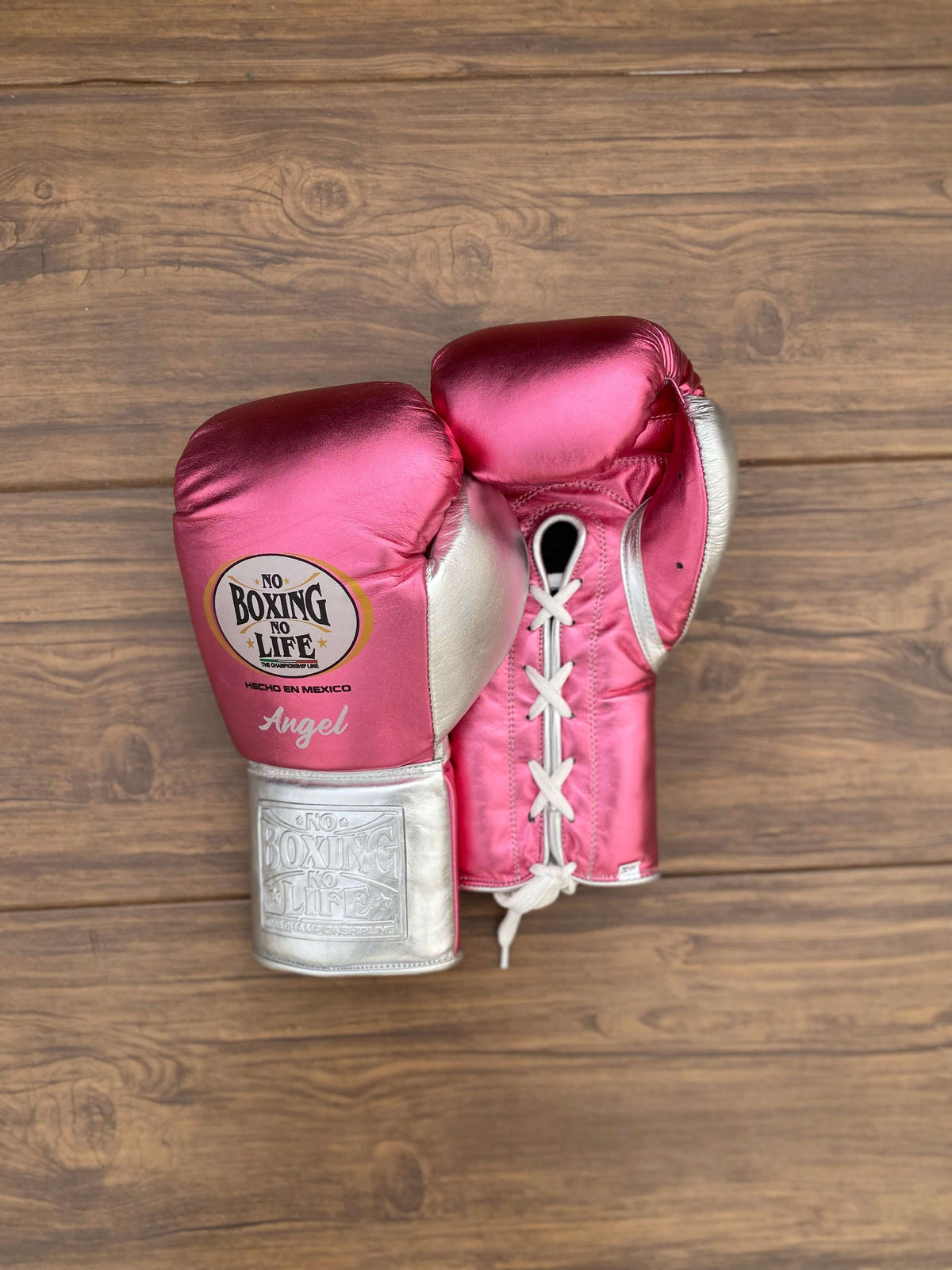 No Boxing No Life Gloves Pink/Silver  Curved Leather Gloves for Combat Training