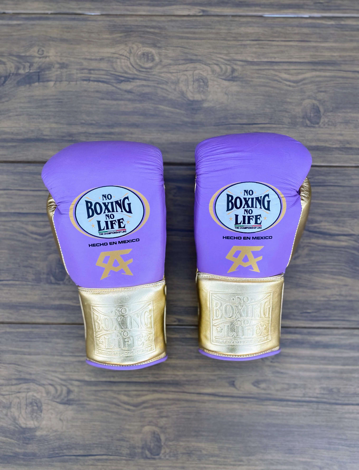 No Boxing No Life Gloves Purple/Gold Curved Leather Gloves Back View
