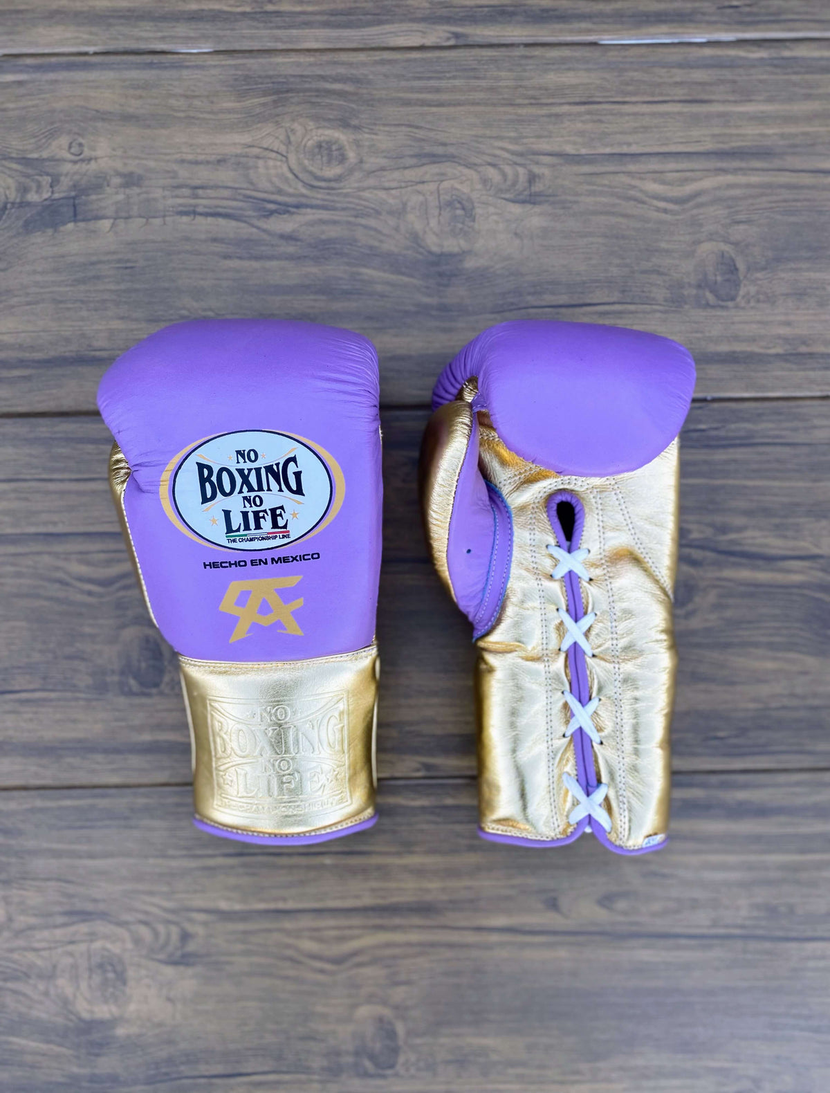 No Boxing No Life Gloves Purple/Gold Curved Leather Gloves Front View