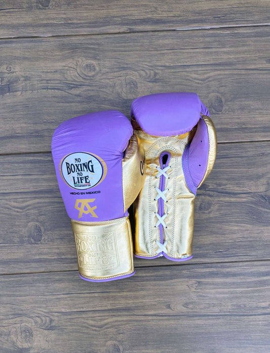 No Boxing No Life Gloves Purple/Gold Curved Leather Gloves for MMA Training