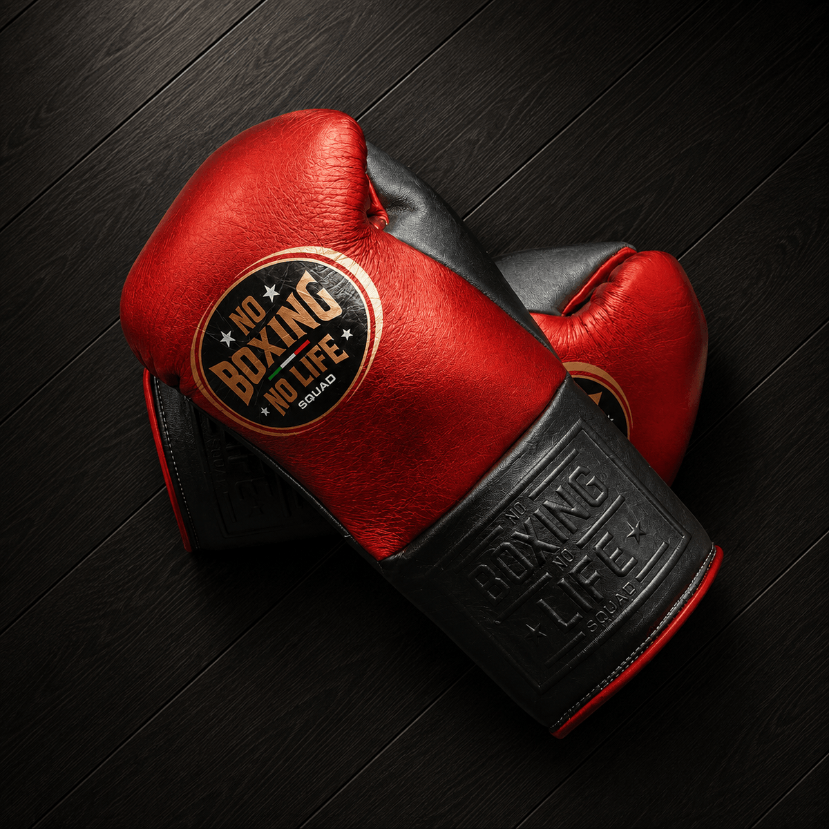 No Boxing No Life Gloves Red/Black Padded Leather Gloves Back View