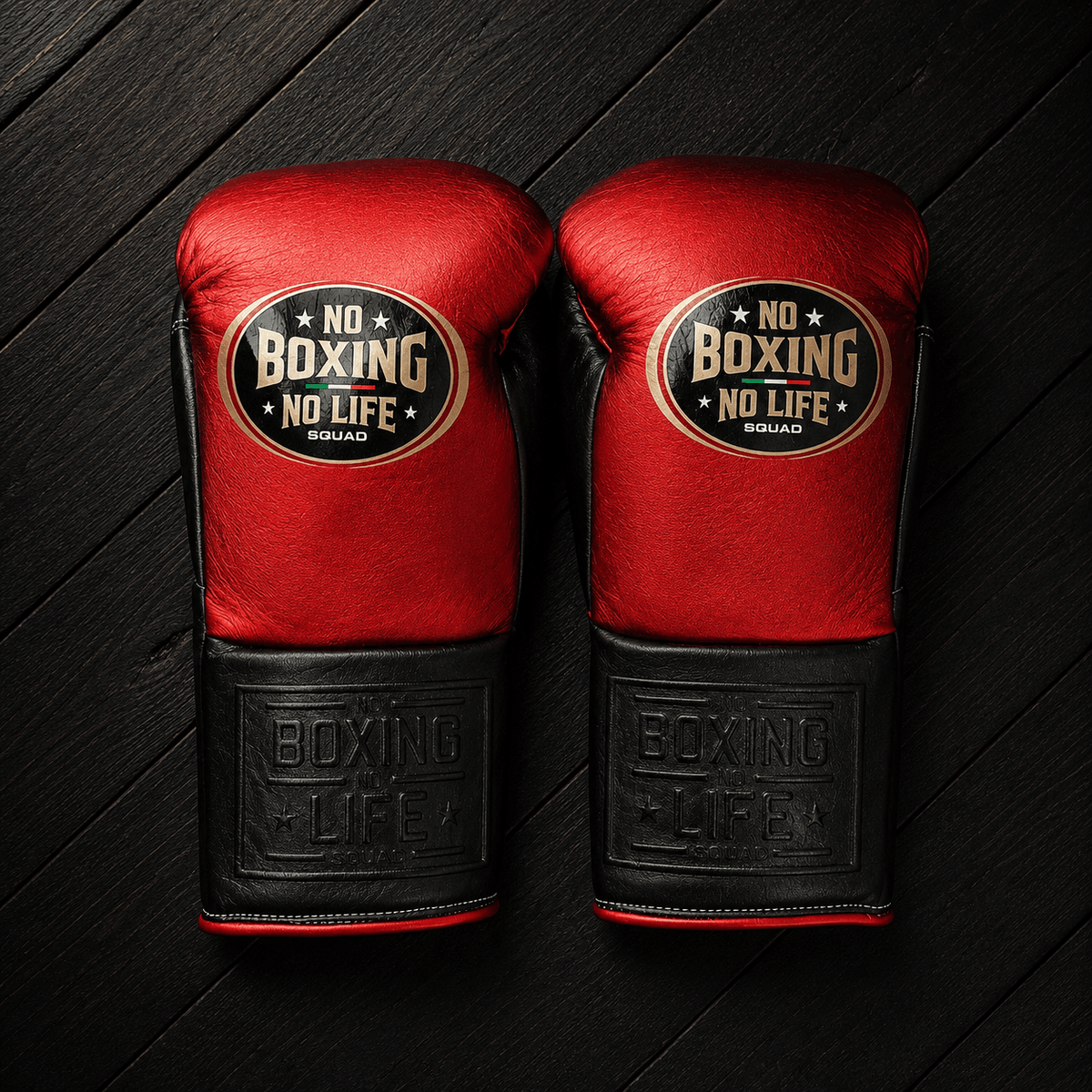 No Boxing No Life Gloves Red/Black Padded Leather Gloves for Boxing Drills