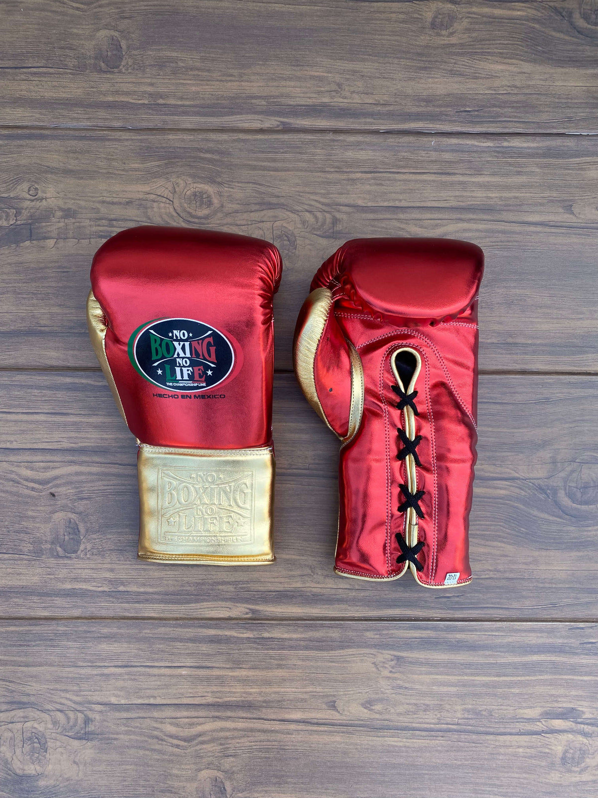 No Boxing No Life Gloves Red/Gold Leather Gloves Front View