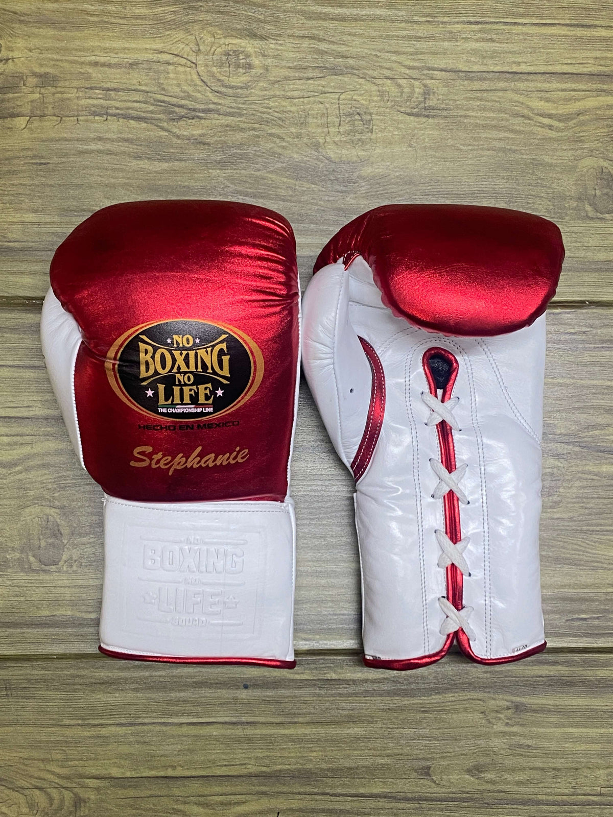 No Boxing No Life Gloves Red/White Padded Leather Training Gloves Front View