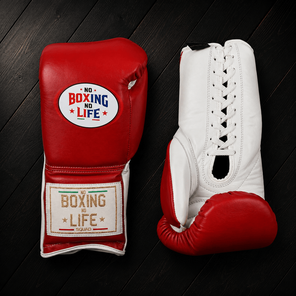 No Boxing No Life Gloves Red/White Lace Up Leather Gloves for Training