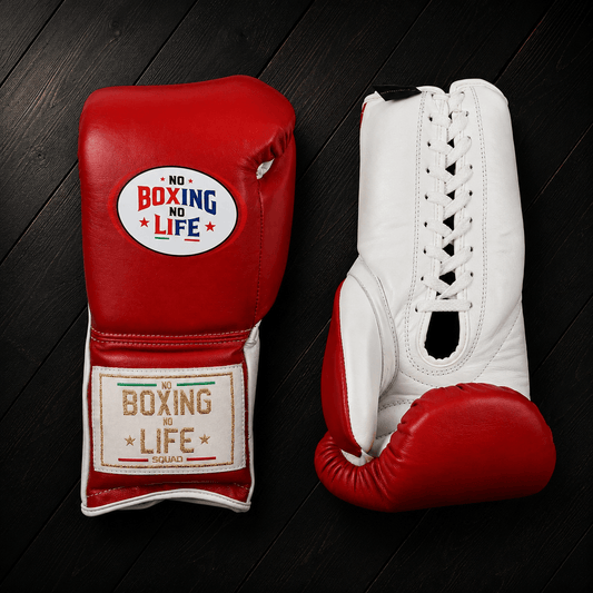No Boxing No Life Gloves Red/White Lace Up Leather Gloves for Training