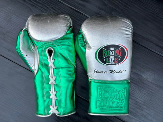 No Boxing No Life Gloves Silver/Green Curved Leather Gloves Back View
