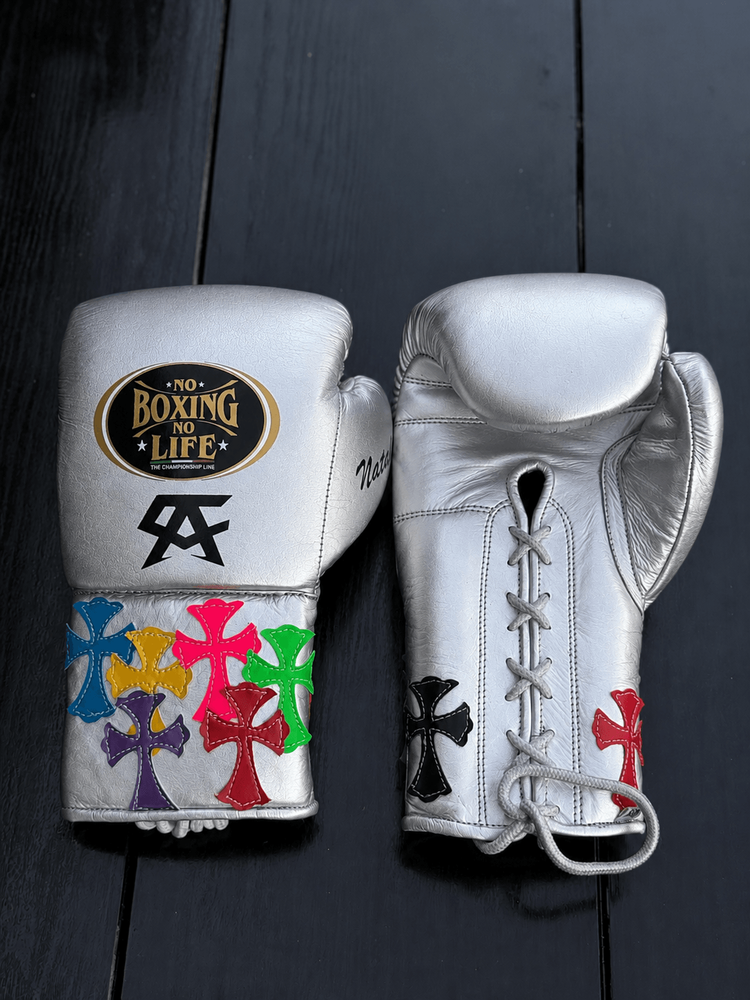 No Boxing No Life Boxing Gloves Silver 14oz Leather Training Gloves