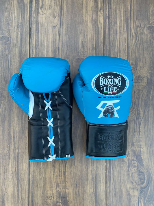 No Boxing No Life Gloves Sky-Blue/Black Padded Leather Gloves Back View