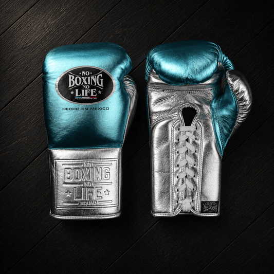 No Boxing No Life Gloves Sky-Blue/Silver Leather Gloves for Intense Sessions