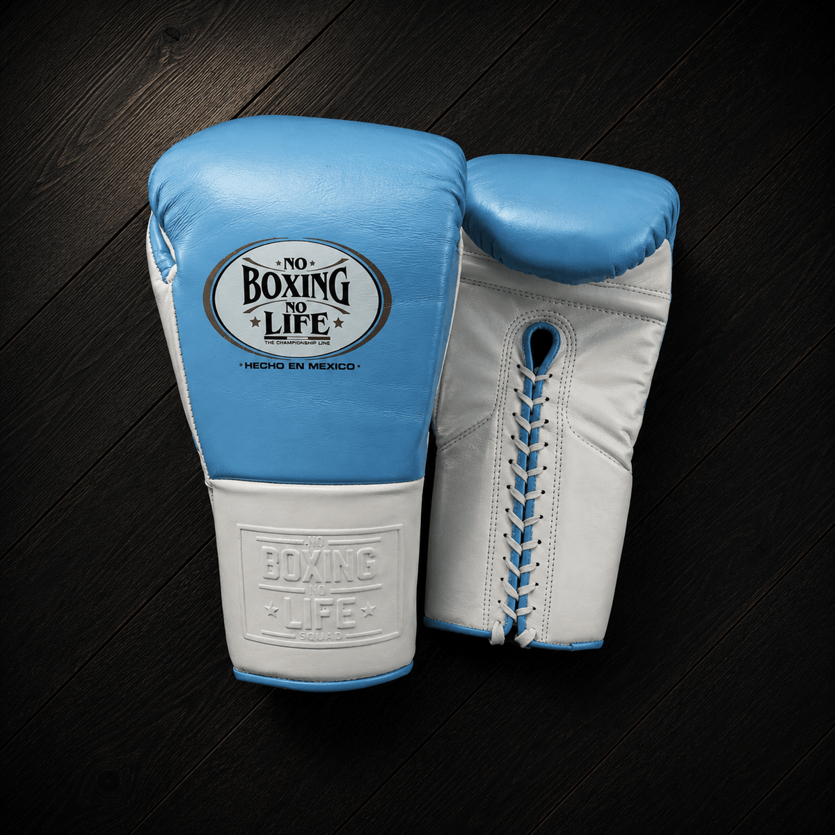 No Boxing No Life Gloves Sky-Blue/White Leather Training Gloves Back View