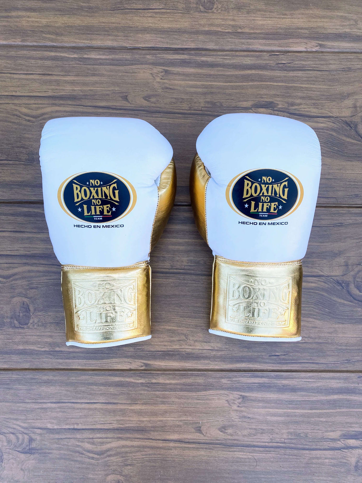 No Boxing No Life Gloves White/Gold Padded Leather Gloves Back View