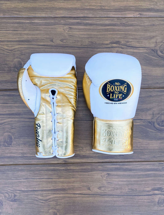 No Boxing No Life Gloves White/Gold Padded Leather Gloves Front View