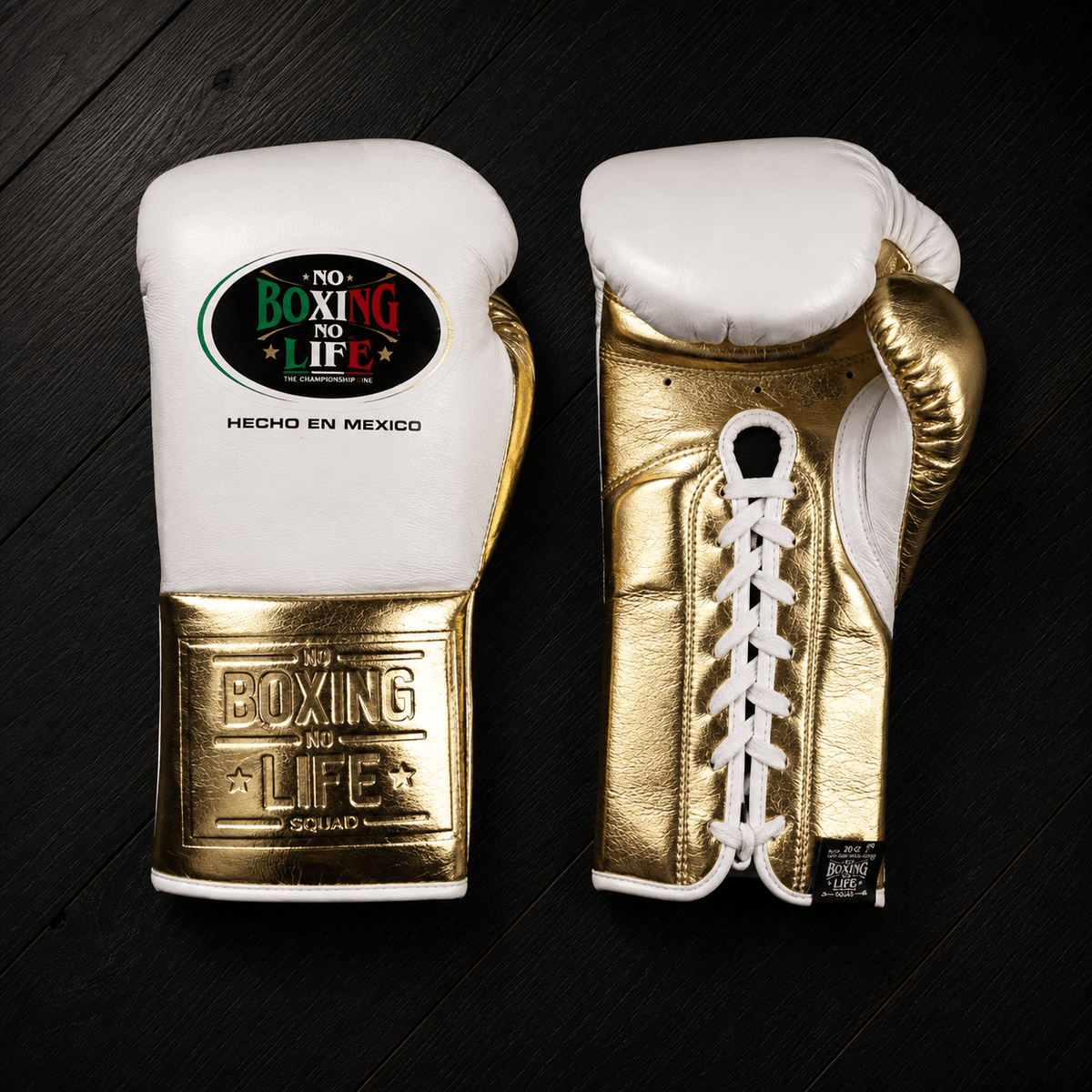 No Boxing No Life Gloves White/Gold Lace Up Leather Gloves for Combat Drills