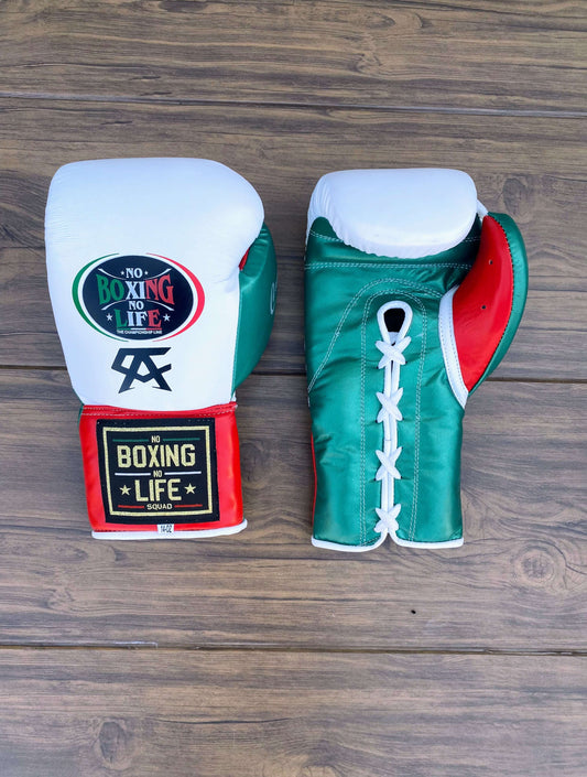No Boxing No Life Gloves White/Green/Red Leather Gloves Front View