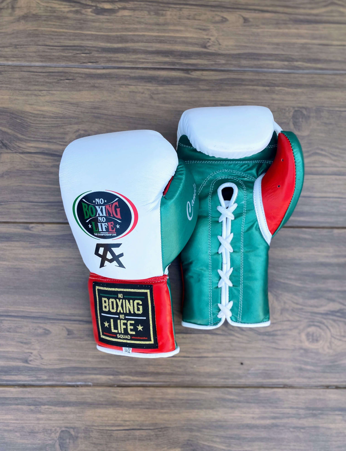 No Boxing No Life Gloves White/Green/Red Leather Gloves for Pad Work