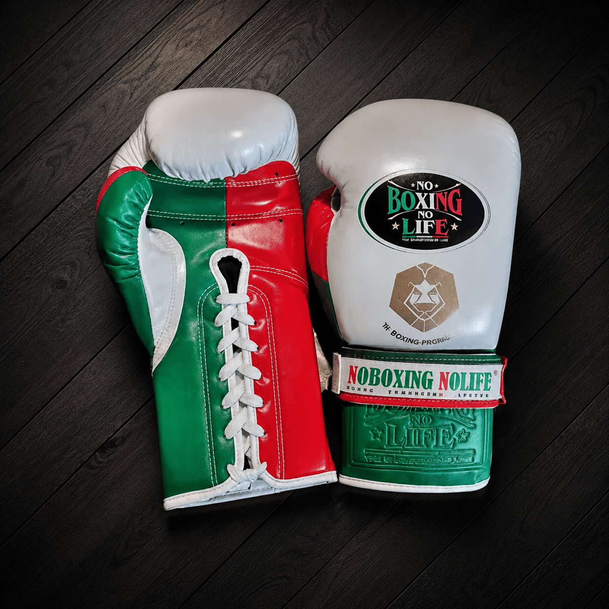 No Boxing No Life Gloves White/Green/Red Curved Leather Gloves for Sparring