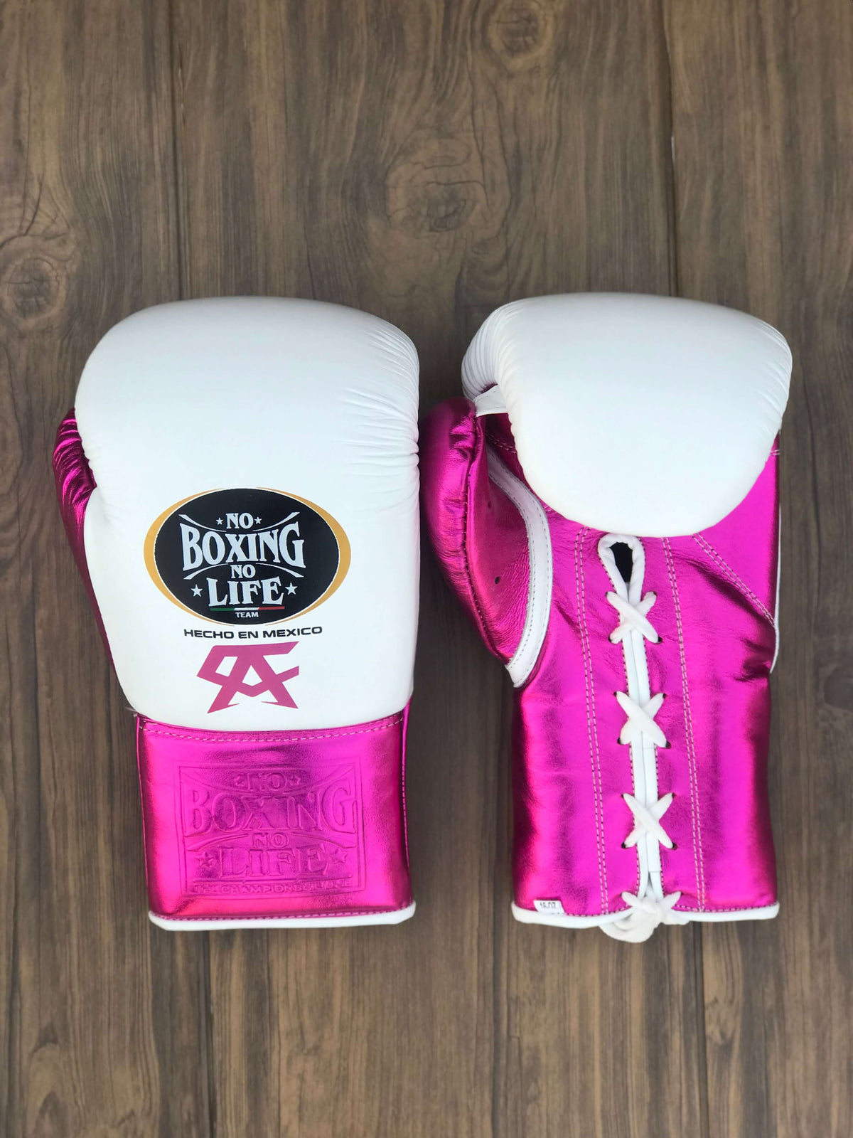 No Boxing No Life Gloves White/Pink Padded Leather Training Gloves Front View