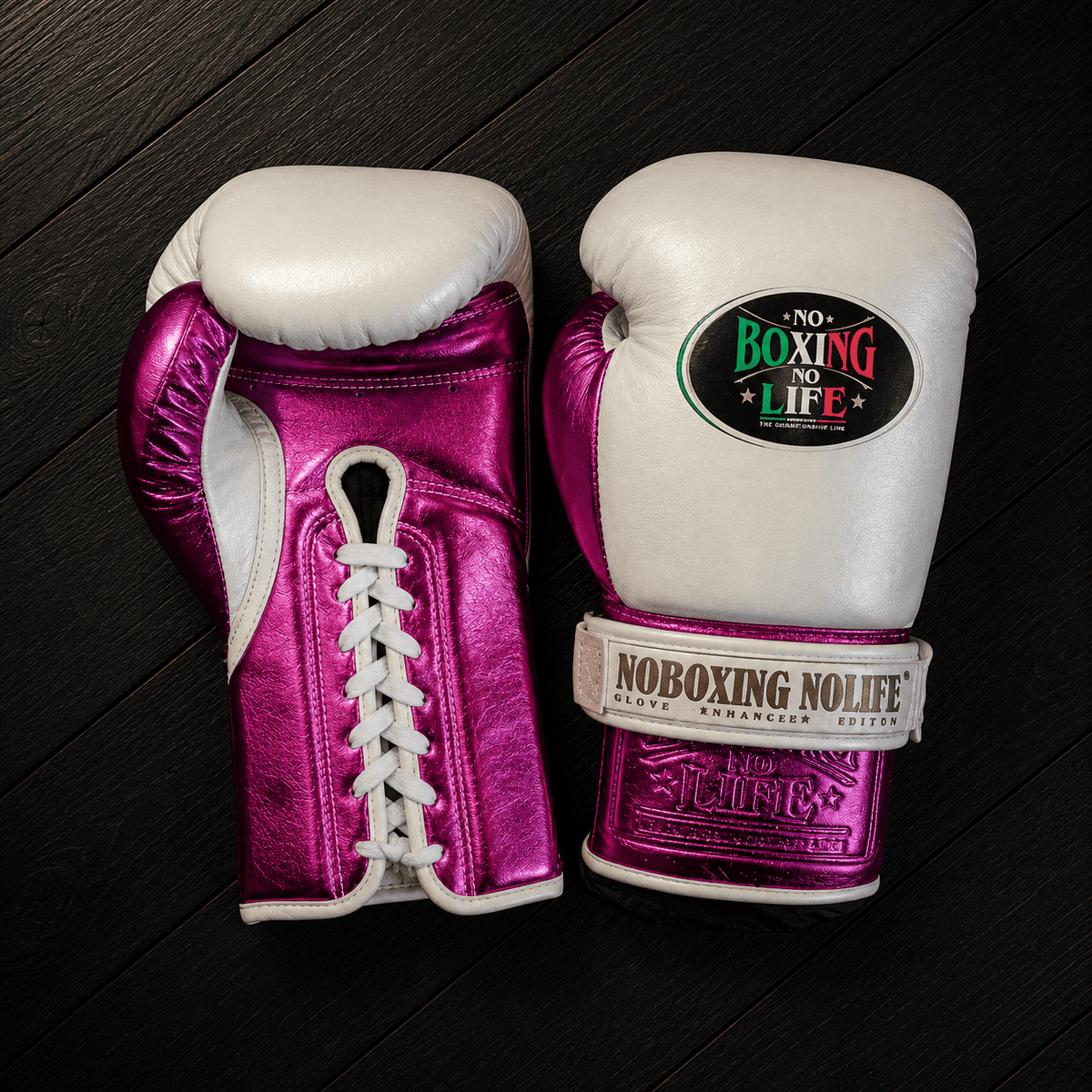 No Boxing No Life Gloves White/Pink Padded Leather Gloves for Muay Thai
