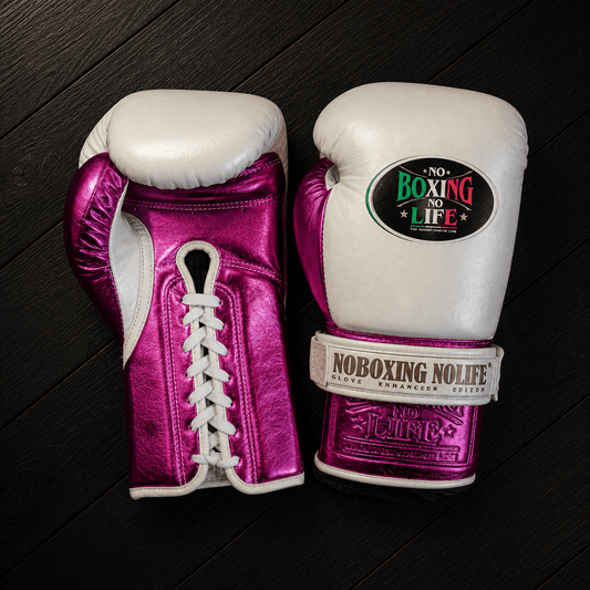No Boxing No Life Gloves White/Pink Padded Leather Gloves for Muay Thai