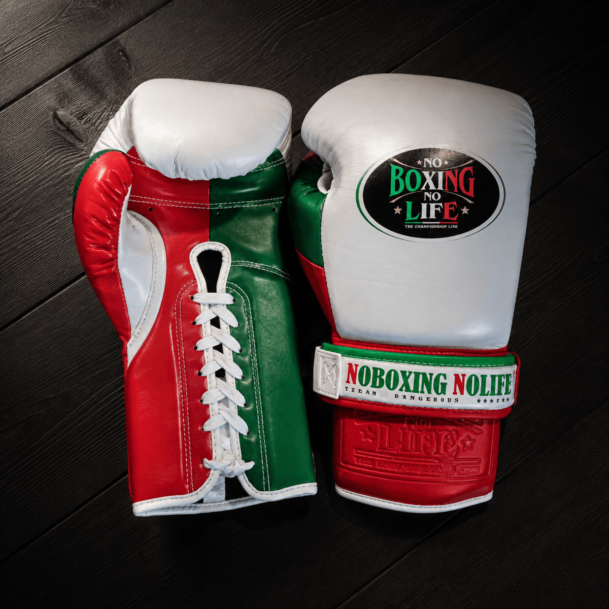 No Boxing No Life Gloves White/Red/Green Curved Leather Gloves for MMA Training