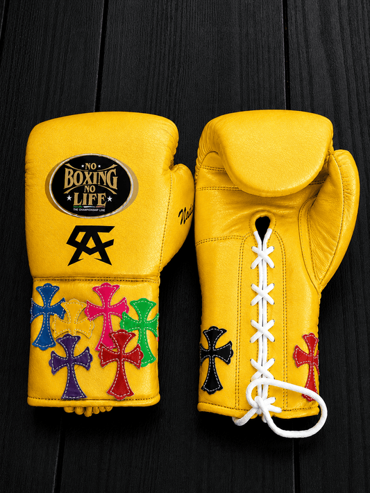 No Boxing No Life Boxing Gloves Yellow 14oz Leather Training Gloves
