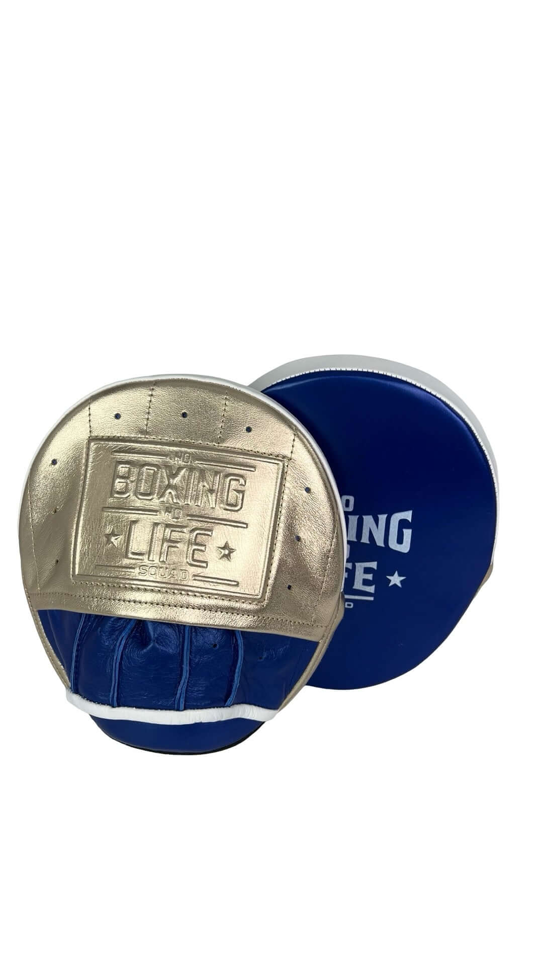 No Boxing No Life Punching Mitts Blue/Gold Leather Focus Mitts Back View