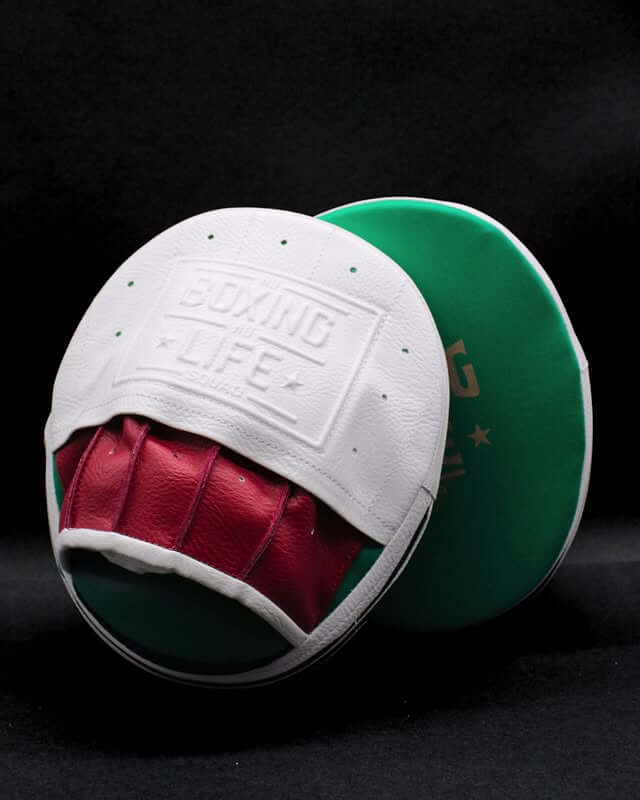 No Boxing No Life Punching Mitts Green/White/Red Leather Mitts with Secure Straps