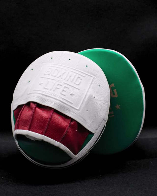 No Boxing No Life Punching Mitts Green/White/Red Leather Mitts with Secure Straps