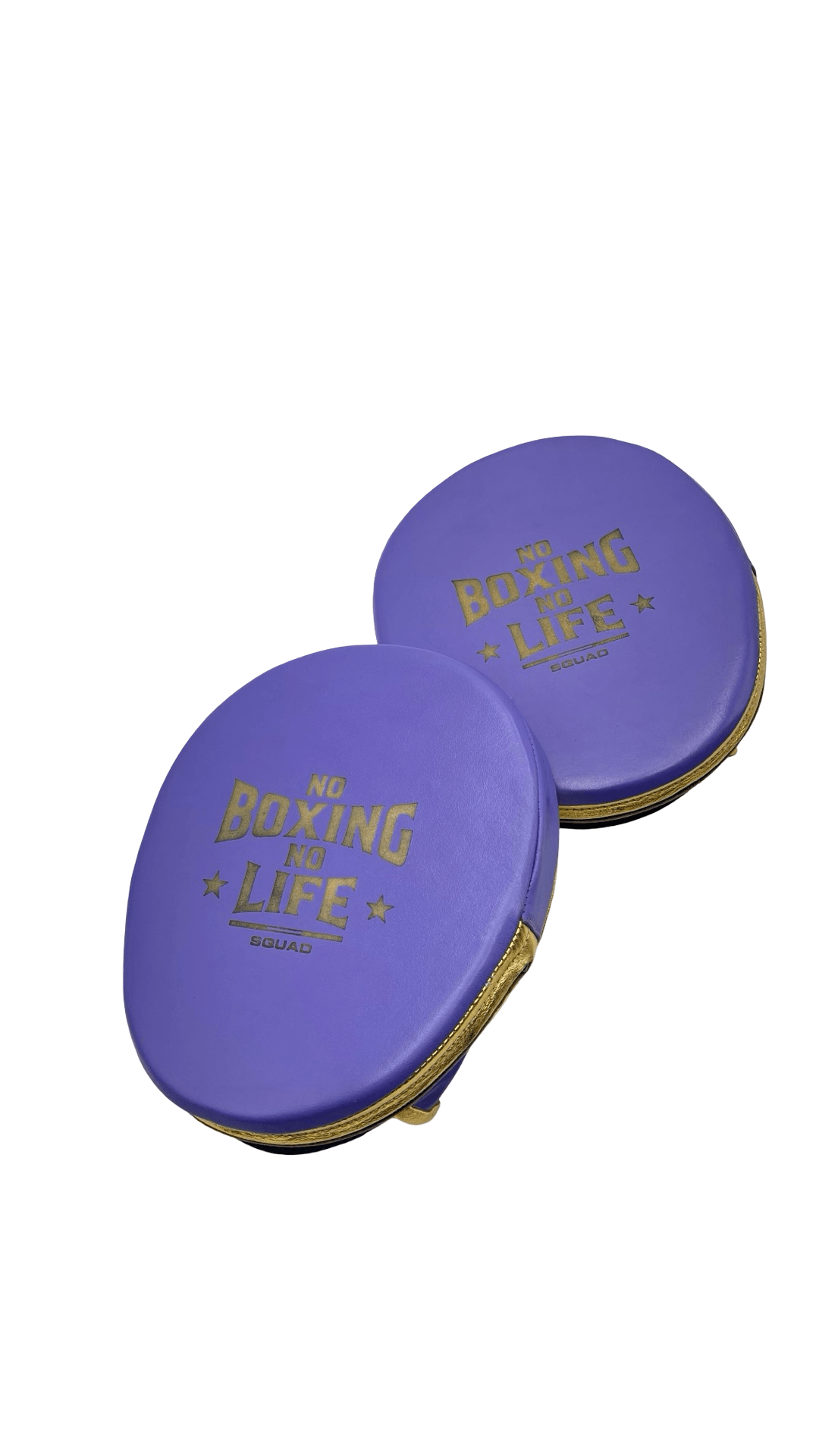 No Boxing No Life Punching Mitts Purple/Gold Leather Mitts  Back View