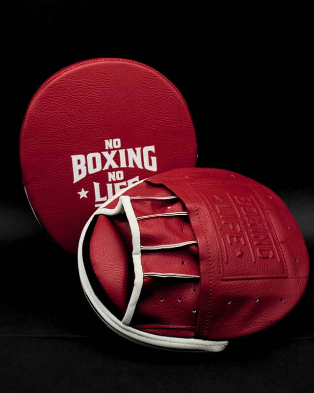 No Boxing No Life Punching Mitts Red/White Leather Focus Mitts for Training Front View