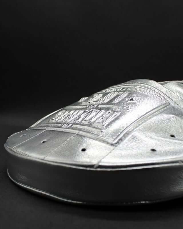 No Boxing No Life Punching Mitts Silver Curved Leather Mitts for Sparring Close View