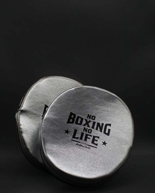 No Boxing No Life Punching Mitts Silver Curved Leather Mitts for Sparring