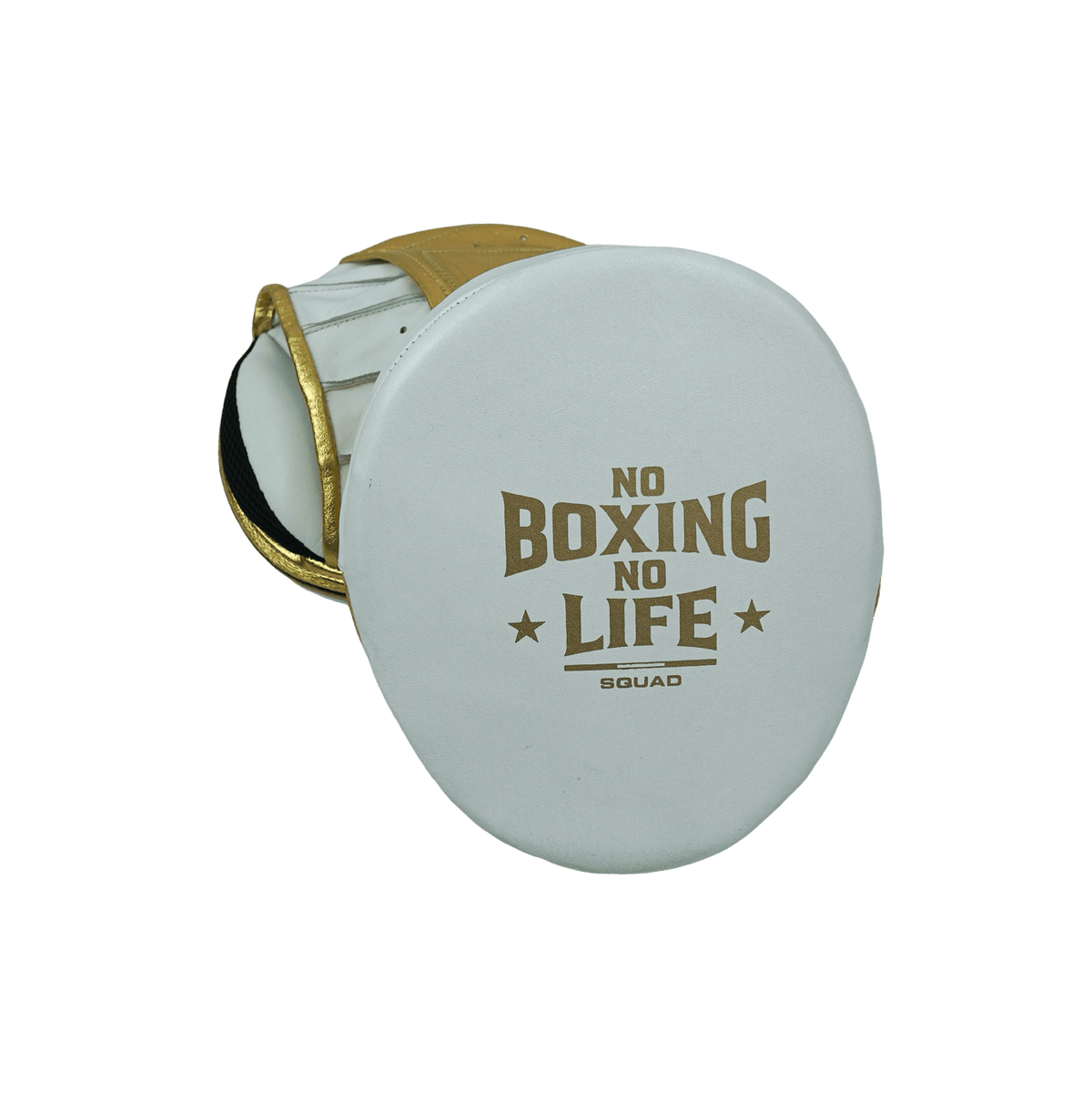 No Boxing No Life Punching Mitts White/Gold Leather Focus Mitts for Pad Work Back View