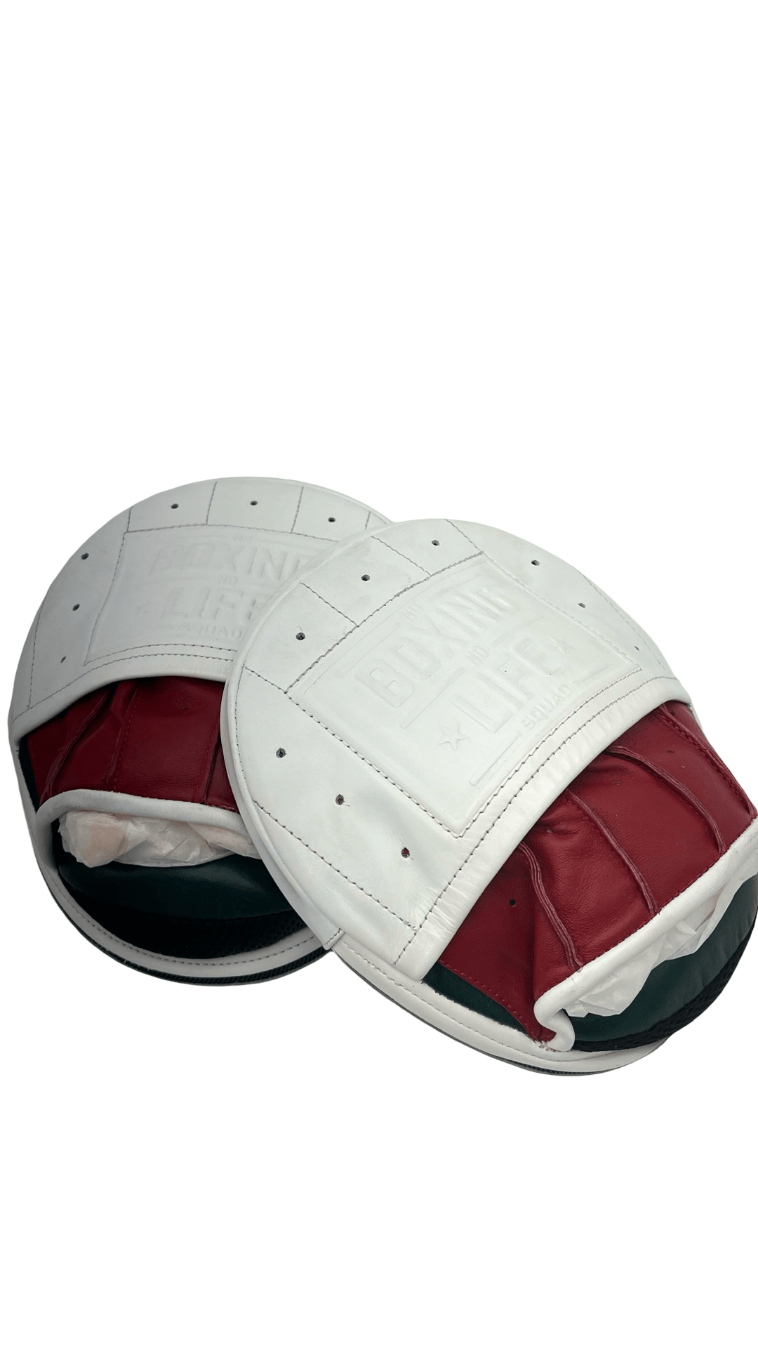 No Boxing No Life Punching Mitts Green/White/Red Curved Leather Mitts for Training Front View