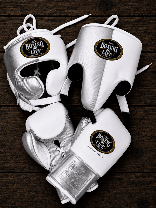 No Boxing No Life Boxing Set White/Silver 14oz Gloves with Headguard Training Kit