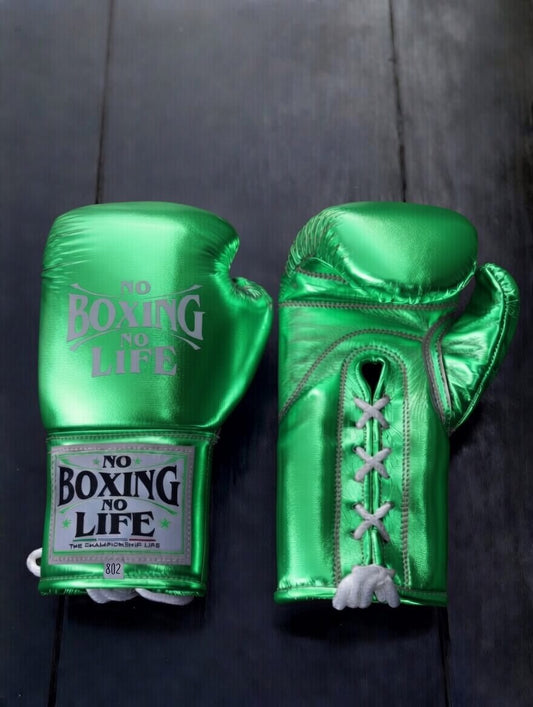 No Boxing No Life Green Full View Leather Boxing Gloves