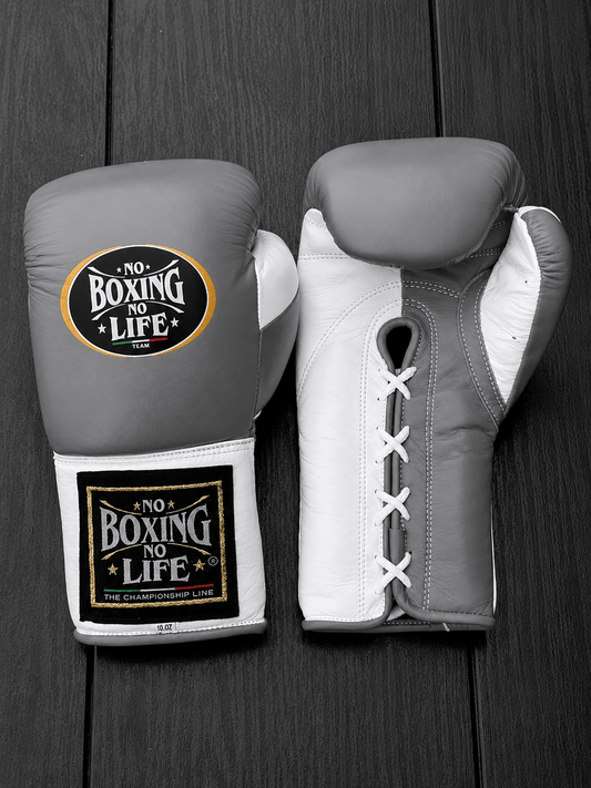 No Boxing No Life Grey/White Boxing Gloves Premium Leather Training Pair