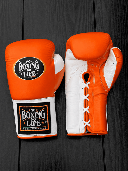 No Boxing No Life Orange/White Lace-Up Boxing Gloves Close Up Detail