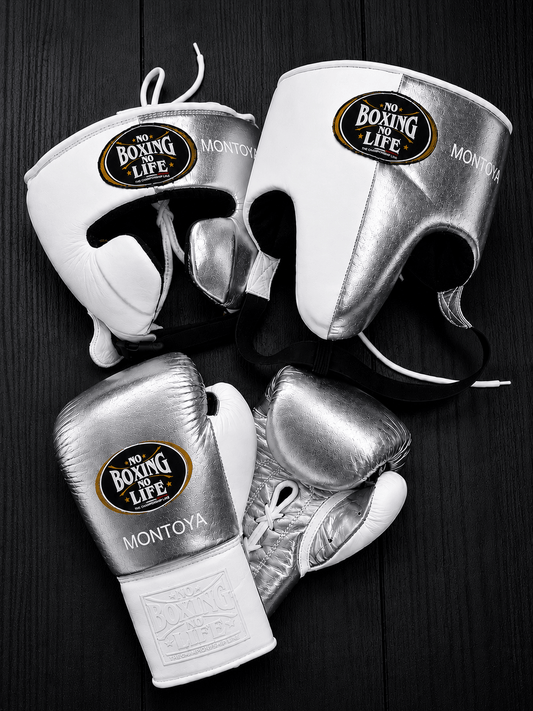 No Boxing No Life Boxing Set Silver/White 14oz Gloves with Headguard Training Kit