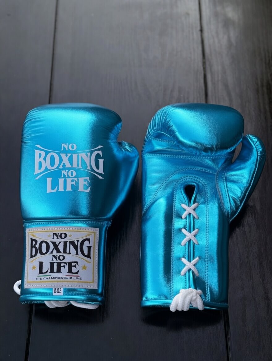 No Boxing No Life Sky-Blue Leather Boxing Gloves Custom Fit Training