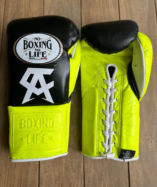 No Boxing No Life Black/Yellow Leather Boxing Gloves Heavy Duty Training Pair