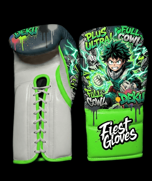 Premium boxing gloves featuring One For All Deku inspired graffiti artwork with vibrant green anime street art graphics.