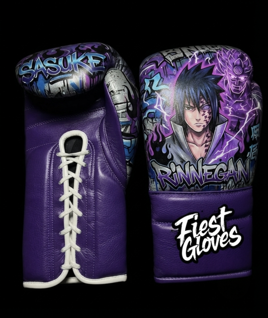 Premium boxing gloves featuring Rinnegan Sasuke inspired graffiti artwork with purple anime street art graphics.
