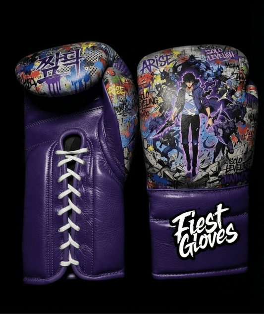 Premium boxing gloves featuring Shadow Army inspired graffiti artwork with purple anime street art graphics.