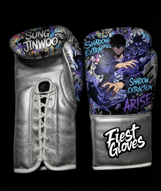 White boxing gloves featuring Shadow Extraction inspired graffiti artwork with vibrant anime action graphics.