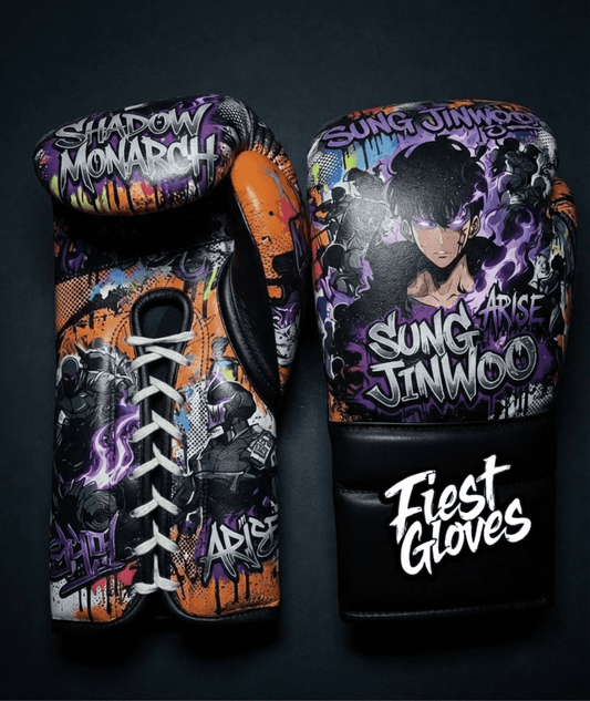 Premium white boxing gloves featuring Shadow Monarch Sung Jinwoo inspired graffiti artwork with colorful anime street art design.