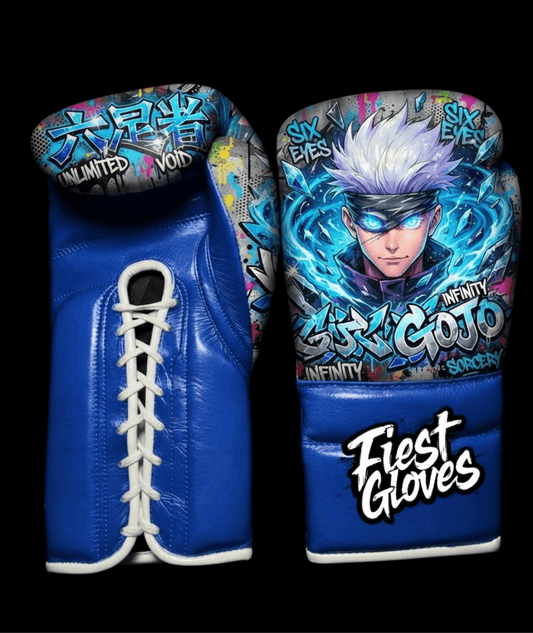 Premium boxing gloves featuring Six Eyes Gojo inspired graffiti artwork with blue anime street art design.