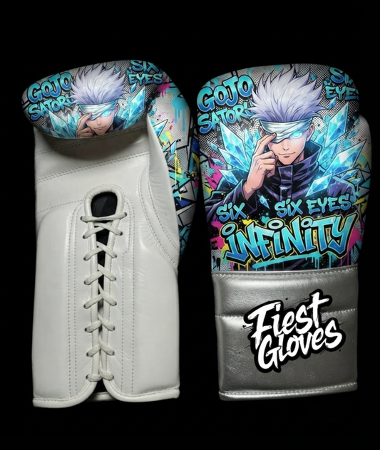 White boxing gloves featuring Six Eyes inspired graffiti artwork with blue anime graphics and street art styling.