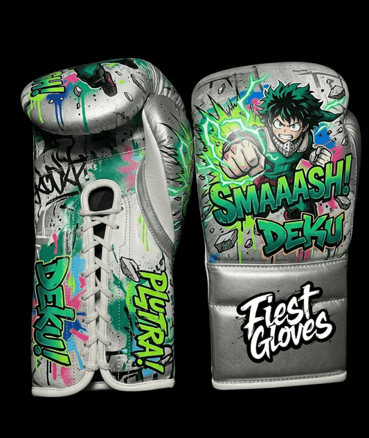 Premium white boxing gloves featuring Smash Attack Deku inspired graffiti artwork with colorful anime street art design.
